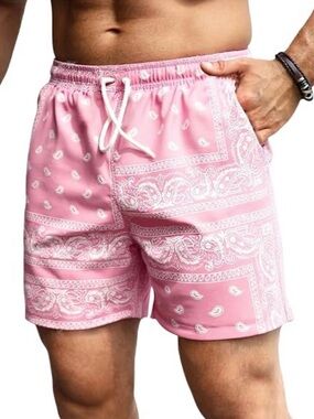 SHEIN Dusty Rose Bandana Print Men’s Swim Shorts